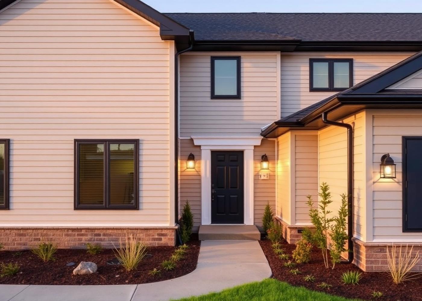 Completed siding and gutter project at dusk